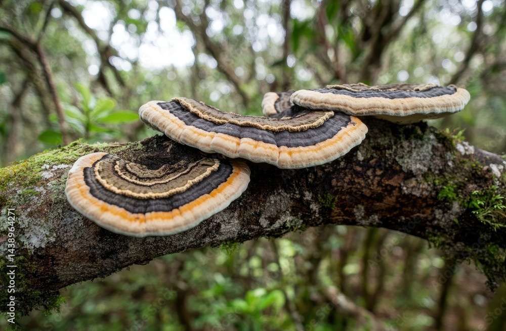 Poster a close-up view of mushrooms growing on the side of a tree trunk in a lush green forest. with soft-f