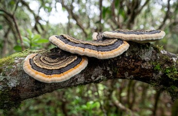 Naklejka premium A close-up view of mushrooms growing on the side of a tree trunk in a lush green forest. with soft-focus trees in the background creating a serene and natural atmosphere