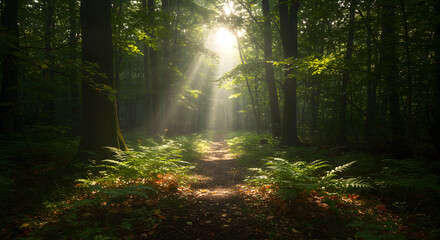 Fototapeta premium Sunlight Streaming Through Forest Trees Illuminating a Path and Ferns