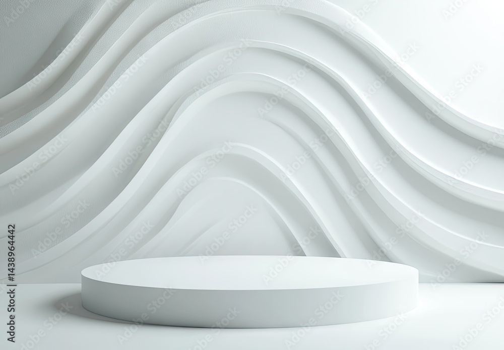 Poster a minimalist display featuring a round podium set against an elegant. wavy white backdrop. creating 
