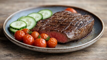 Grilled Steak with Fresh Vegetables on Plate Close Up Food Photo