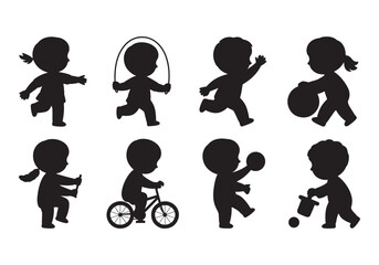 Obraz premium Kids playing silhouette set, running, jumping rope, riding bike, playing ball, and pushing toy vector