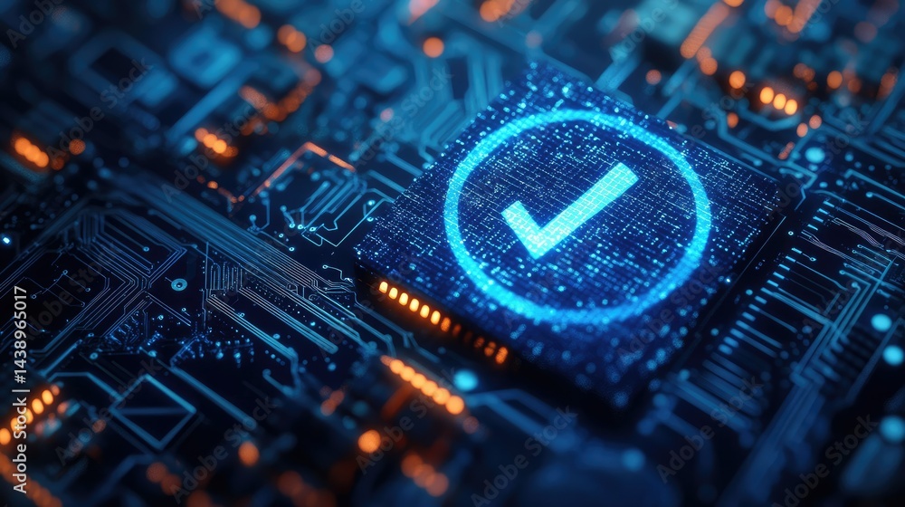 Poster a glowing blue checkmark symbolizing validation on a futuristic circuit board. surrounded by intrica