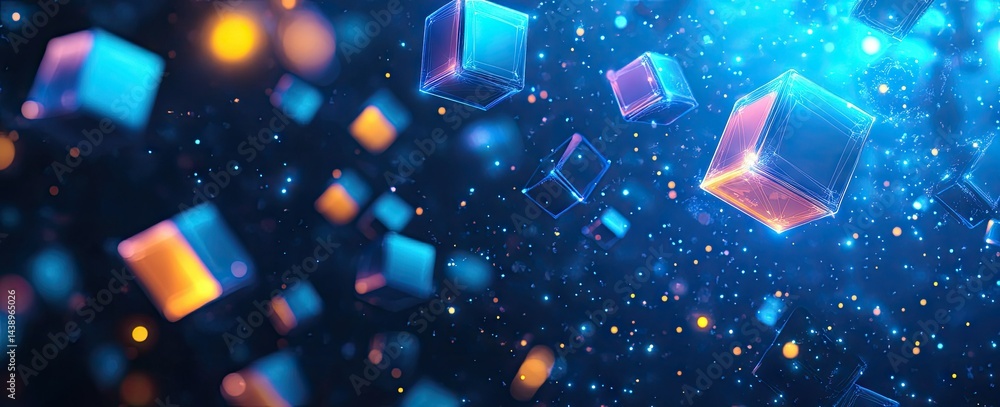 Aufkleber a glowing. digital cube composed of luminous particles and light effects. set against a deep blue ba