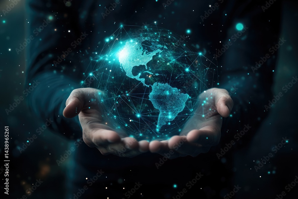 Poster a person holding a glowing digital globe surrounded by interconnected lines and nodes. symbolizing g