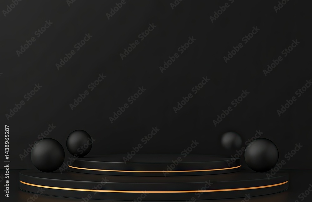 Poster a sleek. modern black display platform with circular layers and glossy spheres. set against a dark b