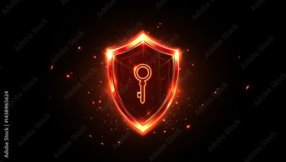 Poster a glowing shield emblem featuring a key symbol. set against a dark backdrop with shimmering particle