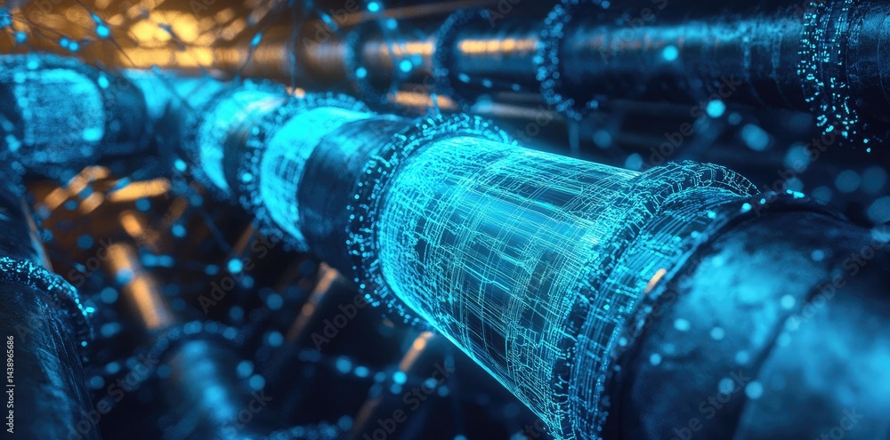 Poster a close-up view of a futuristic. illuminated mechanical component featuring transparent sections and