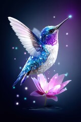 Obraz premium A vibrant, blue and purple hummingbird hovers above a glowing pink flower, surrounded by sparkling light on a dark background.