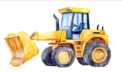 Watercolor clipart of a cute yellow construction machine on a white isolated background with space around it in high definition
