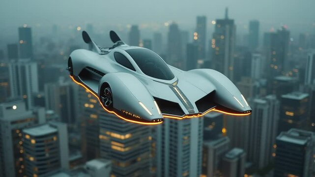 Futuristic Flying Car Above a Cyberpunk Cityscape at Dusk