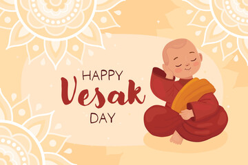 Happy Vesak day, card for buddhist holiday. Cute character, little boy Buddhist monk in red clothes. Thoughtful smiling monk.