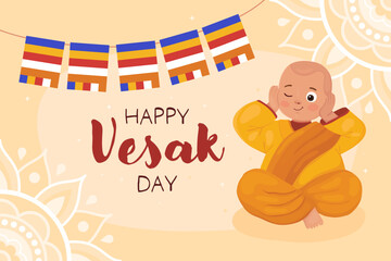 Happy Vesak day, card for buddhist holiday. Cute character, little boy Buddhist monk in yellow clothes and a garland of Buddhist flags. Smiling monk covers his ears with his hands.