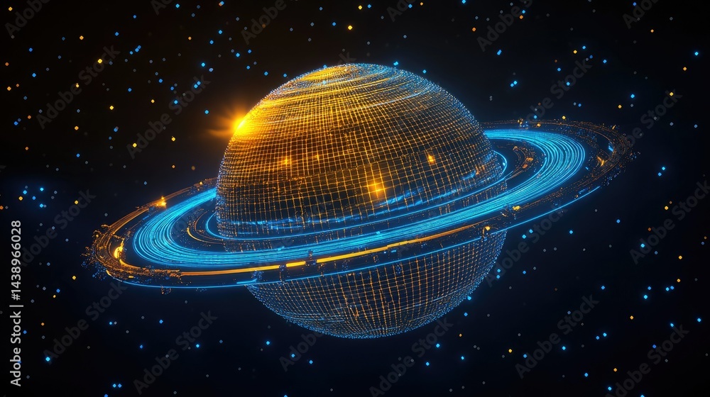 Poster a stunning 3d visualization of a golden toroidal structure floating in a cosmic landscape. surrounde