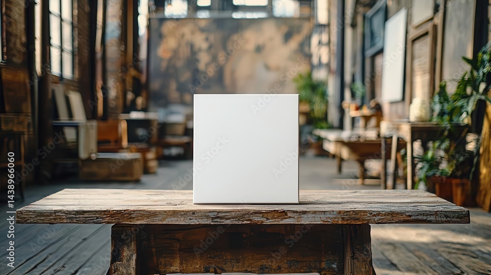 Poster a blank canvas displayed on a rustic table in an artistic, vintage-style studio.
