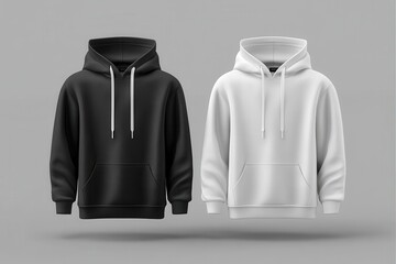 Two blank hoodies, black and white, ready for customization