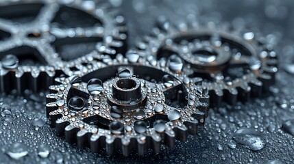Silver Metal Gears with Water Droplets on Grey Bokeh Background