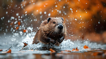 Brown Beaver Splashing in Autumn River Water
