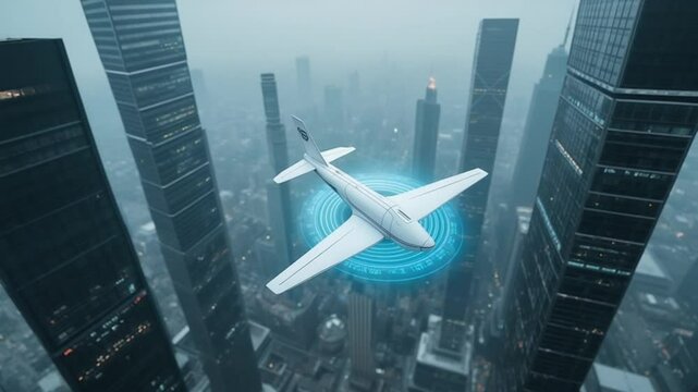Aerial View of Private Jet Flying Over Tall Urban Skyscrapers
