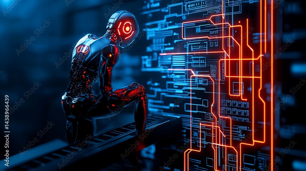 Poster a pensive, seated robot contemplates intricate circuits