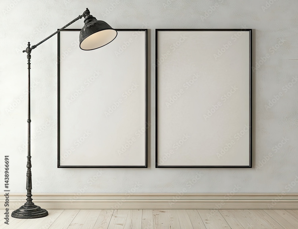 Poster a modern interior featuring two empty picture frames on a light wall. illuminated by a stylish floor