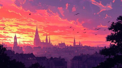 Fototapeta premium Vibrant Sunset Cityscape Birds Flying Orange Sky City Architecture