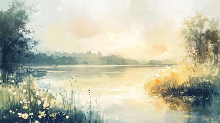Serene lake sunrise landscape painting