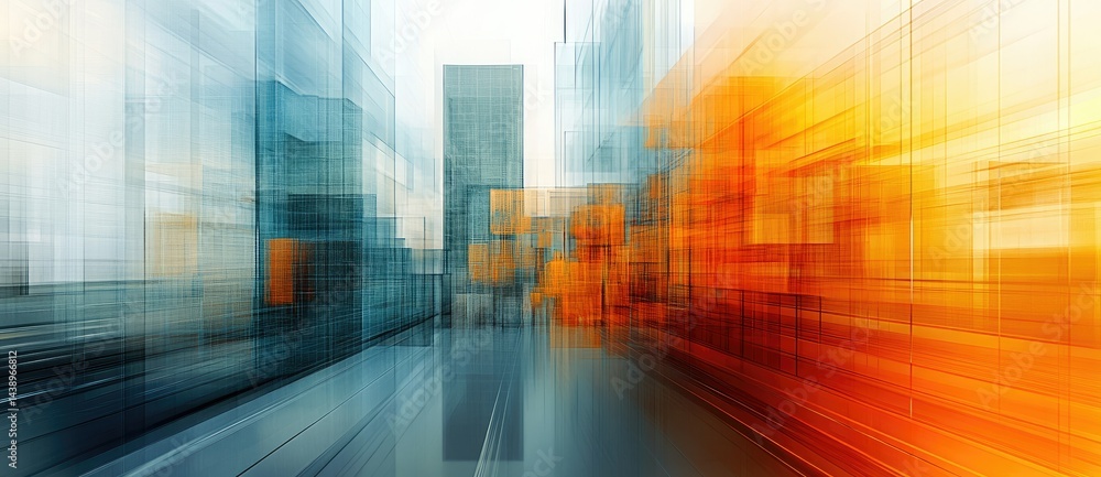 Poster abstract composition of translucent geometric shapes in vibrant orange and blue hues. creating a dyn