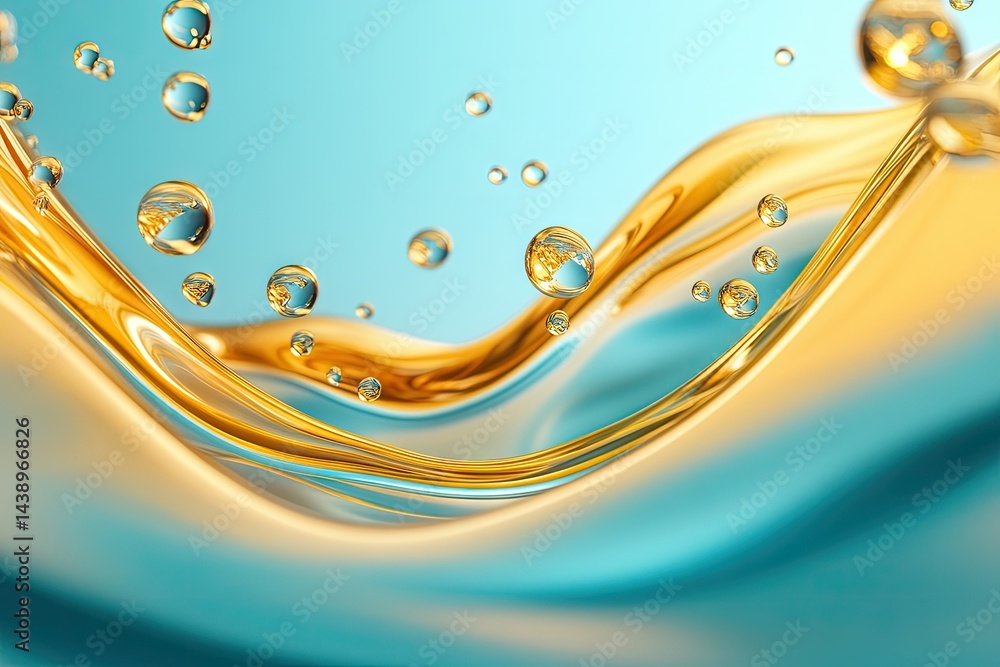 Poster a mesmerizing scene of golden conical shapes rising from a tranquil blue surface. creating an abstra