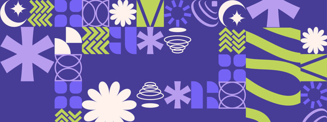 Colorful abstract pattern on a purple background for use in packaging design, textile prints, stationery, and digital backgrounds.