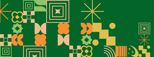 Colorful abstract geometric pattern on a green background. Suitable for digital backgrounds, packaging design, and vibrant print materials.