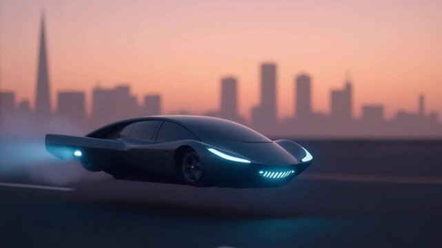 Futuristic Hovering Car in a Modern Cityscape During Dusk