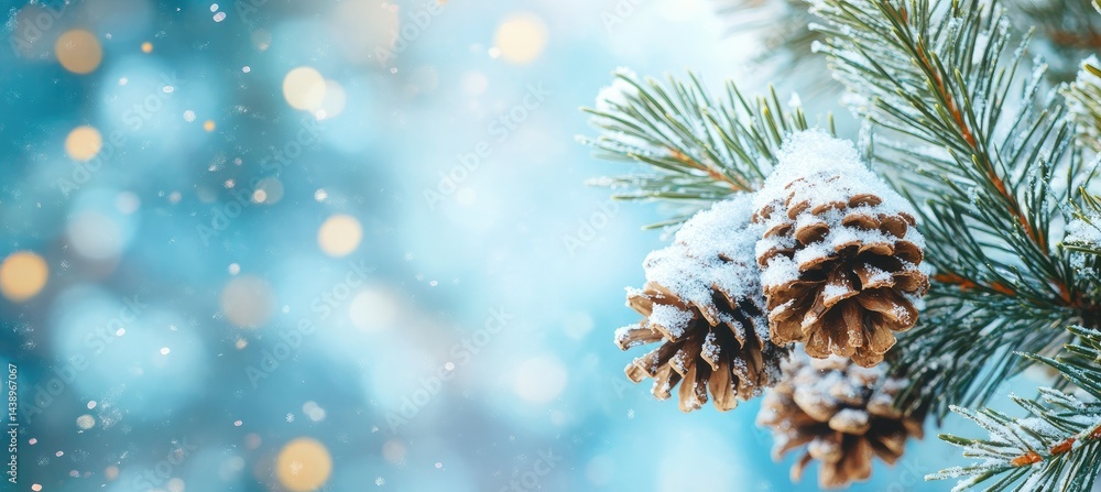 Aufkleber snow-covered pine cones hang from a frosty branch. surrounded by a soft. blurred background of shimm