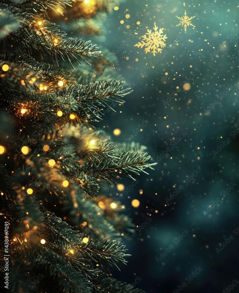 Poster a beautifully decorated christmas tree adorned with sparkling lights and shimmering ornaments. set a