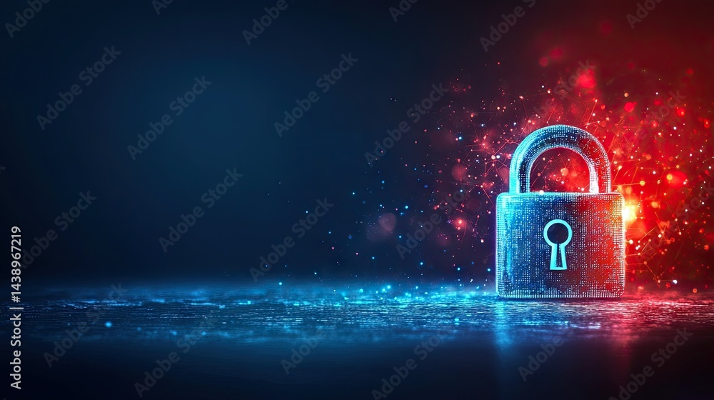 Poster a vibrant digital representation of a secure padlock symbolizing cybersecurity. set against a backdr