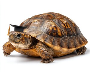 Fototapeta premium A tortoise wearing a graduation cap, symbolizing wisdom and achievement, on a white background.
