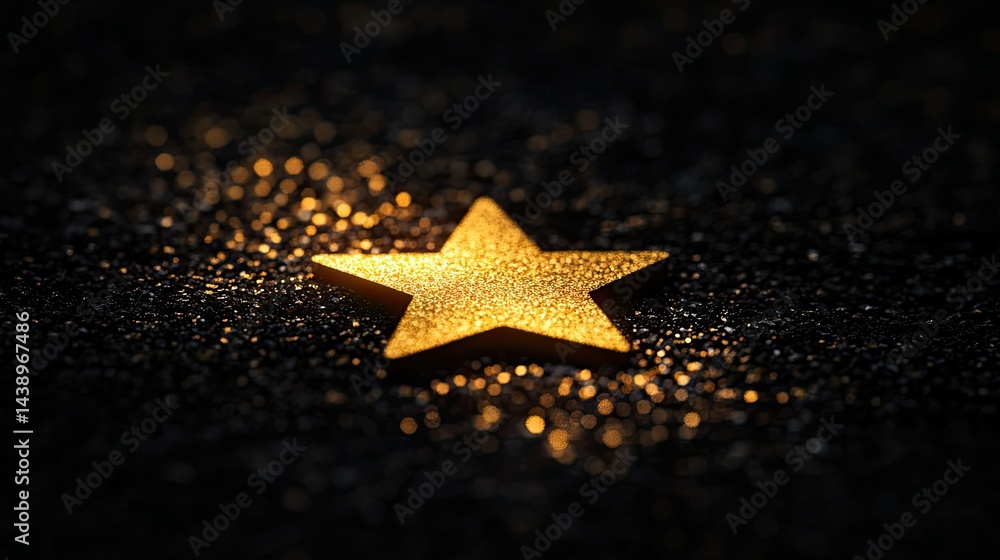 Poster a shimmering golden star made of sparkling particles against a dark background. creating a festive a
