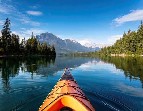 Back view of a kayak floating on a calm lake with mountains and pine trees in the distance - Powered by Adobe