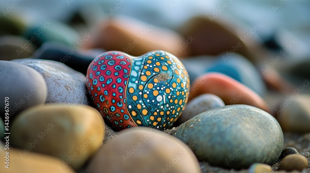 Poster a close-up view of a uniquely patterned heart-shaped stone resting among a variety of pebbles on a s