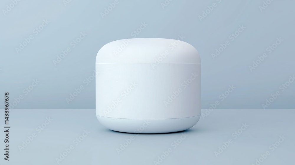 Poster a minimalist white speaker set against a soft blue background, designed for modern aesthetics and fu