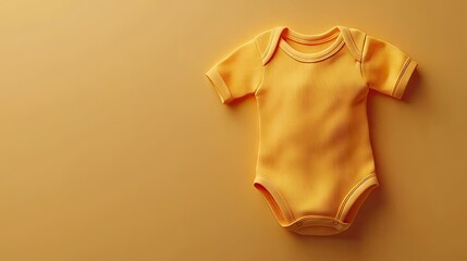 A vibrant yellow baby onesie suspended against a warm orange background. highlighting its soft texture and playful design. perfect for children's fashion or baby product promotions