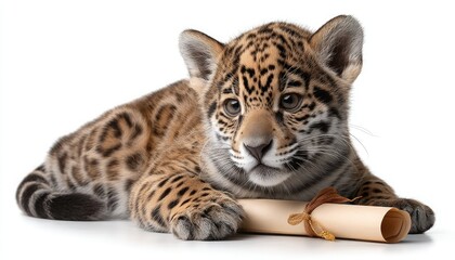 Obraz premium A cute jaguar cub lies down while holding a rolled parchment tied with a string, set against a white background.