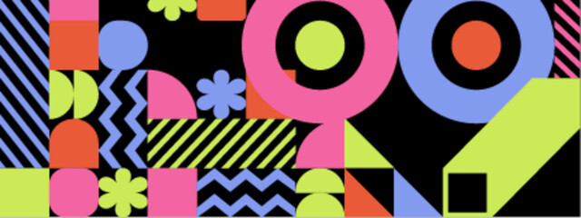 Colorful geometric pattern with circles, squares, and flowers. Suitable for backgrounds, textiles, packaging, and stationery designs. Vibrant and eyecatching.