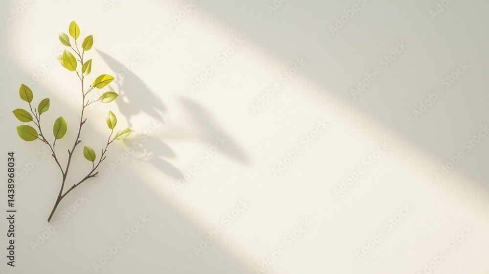 Poster a minimalistic image featuring a branch with green leaves casting soft shadows on a light-colored wa