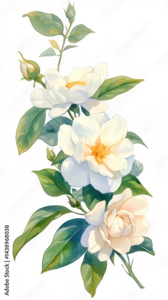 Aufkleber 水彩画の白いバラの花のクローズアップ自然テーマのイラスト背景分離