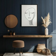 A minimalist interior scene featuring a modern art piece of a face on a dark blue wall. complemented by stylish decor elements like vases and a round mirror. creating a serene atmosphere
