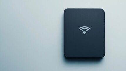 A sleek, modern Wi-Fi router on a minimalist surface, featuring a wireless signal icon, symbolizing connectivity and technology.