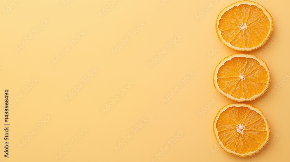 Poster three vibrant orange slices arranged vertically against a soft yellow backdrop, creating a fresh and