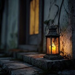 Candlelit lantern on steps at night