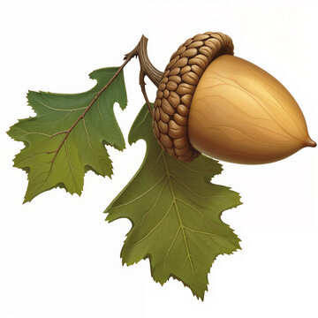 Single Large Brown Acorn with Twin Oak Leaves Isolated on Clean White Background. Botanical Macro Shot Ideal for Forest Autumn Harvest, Nature Designs, and Woodland Projects.